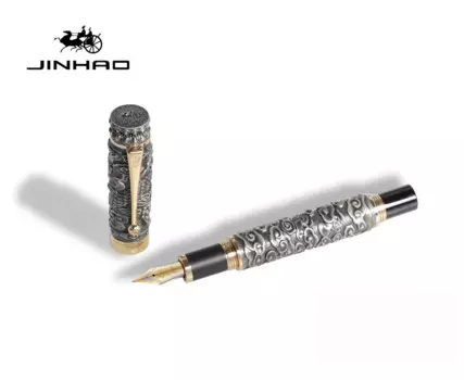 Ручка перьевая Jinhao JF005, роскошная металлическая большая ручка с изображением дракона и облака, с перьевой ручкой серого и золотого цвета, с тиснением, подарок для письма