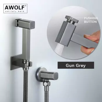 Ручной душ Awolf AP2350 для унитаза, набор из твердой латуни, гигиеническая насадка для душа, квадратная головка, с нажимной кнопкой, серого цвета