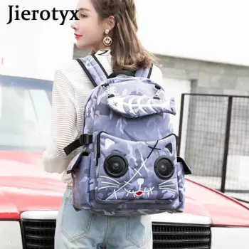 Рюкзак JIEROTYX с принтом «рыбья кость» для женщин, готический холщовый ранец с принтом кота для студентов, женская сумка с динамиком и Bluetooth