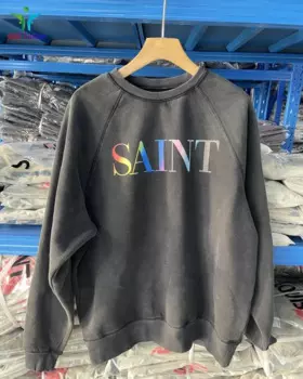 SAINT 24fw новый стираный свитшот с радужными буквами 666, высококачественный винтажный мужской и женский пуловер с круглым вырезом SAINT
