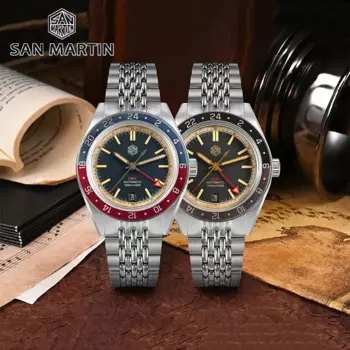San Martin SN0116 V6 GMT Часы NH34 Автоматические Механические Сапфировое Стекло 10 Бар Водонепроницаемые Алюминиевый Безель Ретро Наручные Часы Reloj