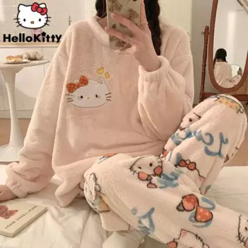 Sanrio, Hello Kitty комплект из 2 предметов, корейский стиль, пуловер, брюки, Женский фланелевый Пижамный костюм Y2k, коралловый бархат, милая одежда