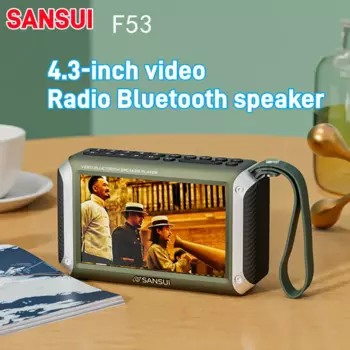 SANSUI Портативный FM-радиоприемник с большим экраном, ретро-радио, видеоплеер, беспроводной Bluetooth 5,3, динамик с тяжелыми басами, TF, USB, музыка без потерь