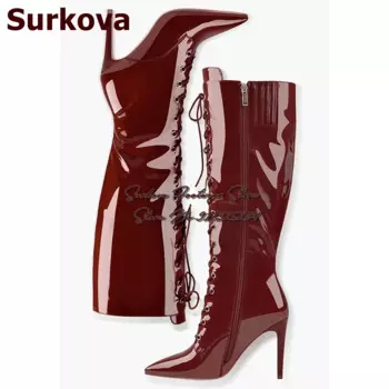 Сапоги на шпильке Surkova, высокие сапоги из лакированной кожи, на шнуровке, с острым носком, на молнии, цвет красный/черный, US14