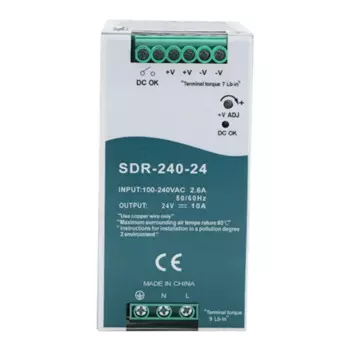 SDR-240-24 импульсный источник питания с функцией PFC 150%, Максимальная нагрузка, импульсный источник питания на DIN-рейке