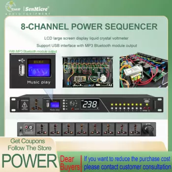 SenMicre PK-50S 8-канальный профессиональный контроллер секвенсора питания. Защитная розетка поддерживает интерфейс USB с выходом модуля MP3 Bluetooth. Контроллер питания для сценической конференции.
