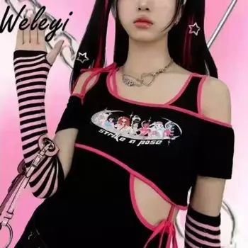 Сексуальная футболка без бретелек на шнуровке Hot Girl в японском стиле Sweet Y2k Top Female Summer Yabi Culture с коротким рукавом Punk T Shirts Woman