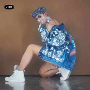 Сексуальная ночная клубная Dj ds шляпа с блестками куртка брюки нижнее белье костюм синий женский телесный принт джаз танцевальная одежда сценический костюм одежда хип-хоп