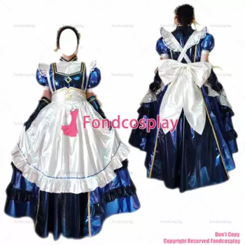 Сексуальная одежда для взрослых fondcosplay с крестом, длинное синее тонкое платье из ПВХ, Запираемая униформа, белый фартук для CD/TV[G2457]