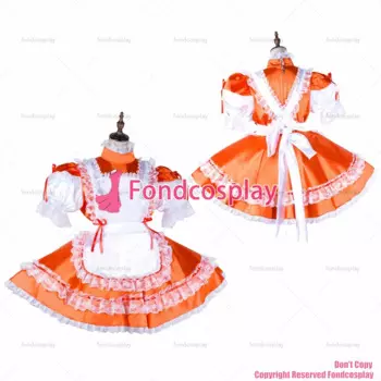 Сексуальная одежда для взрослых fondcosplay с перекрестными элементами, короткое оранжевое атласное платье, запираемый белый фартук, униформа для CD/TV[G2038]