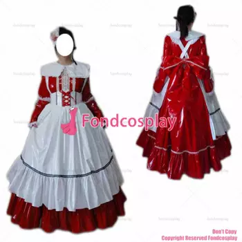 Сексуальная одежда для взрослых с крестом fondcosplay, Длинное Красное тонкое платье из ПВХ, Запираемая униформа, белый фартук, костюм для CD/TV[G2461]