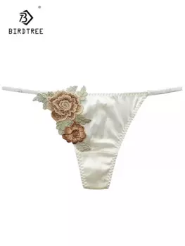 Сексуальные трусики BirdTree из 93% натурального шелка, женские цветочные трусики с аппликацией, эротическое нижнее белье с заниженной талией и Т-образной спинкой, P46063QC на лето 2024