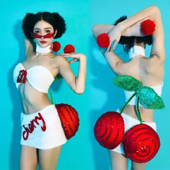 Сексуальный танцевальный костюм Cherry Gogo, костюм для ночного клуба, вечевечерние, Одежда Dj Ds Rave, одежда Drag Queen, плюшевая юбка бикини, Клубная одежда для взрослых VDB6001