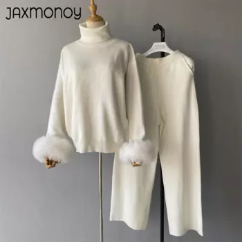 Шерстяной пуловер Jaxmonoy с манжетами из натурального лисьего меха, женский свитер высокого качества, женский осенний модный свободный трикотаж, женский комплект
