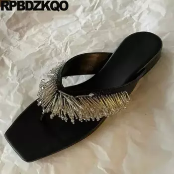 Шлепанцы женские из натуральной кожи, Натуральная овечья кожа, плоская подошва, брендовые сандалии с бусинами, сланцы в Корейском стиле, летние Тапочки