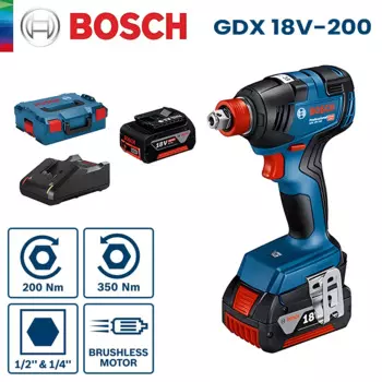 Шуруповерт Bosch GDX 18V-200 ударный аккумуляторный, 18 в, 2 аккумулятора и 1 зарядное устройство