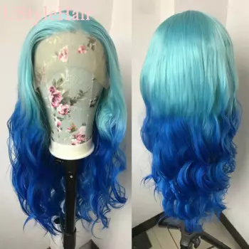 Синий длинный волнистый парик UStyleHair с эффектом омбре, Модный Цветной синтетический кружевной передний парик, термостойкие волосы из волокна для ежедневного использования