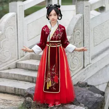 Сказочный костюм Hanfu для девочек с накидкой, Детский Теплый костюм Тан, детское зимнее бархатное платье с вышивкой, одежда для китайского Нового года