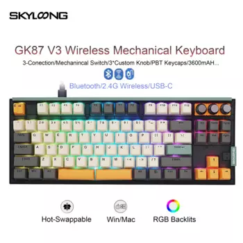SKYLOONG GK87 V3 TKL Беспроводная механическая клавиатура Nordic 2,4G/Bluetooth 5.1/USB Проводная двойная клавиша пробела Пользовательские 3 ручки Переключатели Gateron Колпачки клавиш из ПБТ Геймерская клавиатура