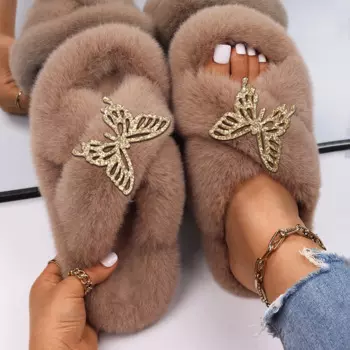Сланцы женские из искусственного меха, роскошные дизайнерские меховые сандалии с золотой бабочкой, удобные шлепанцы на плоской подошве, обувь на заказ