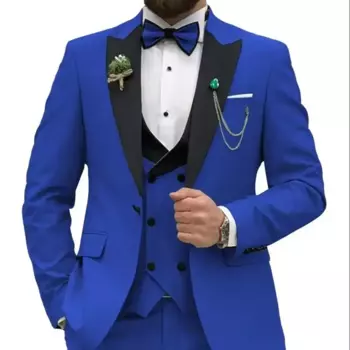 Slim Fit 3-х предметный королевский синий мужской костюм серый двубортный жилет мужской свадебный костюм для выпускного вечера деловой костюм пиджак + жилет + брюки