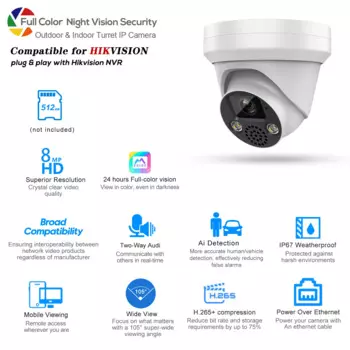 Совместимая с Hikvision 8-мегапиксельная полноцветная IP-камера с турелью безопасности POE, 2-стороннее аудио, AI, обнаружение людей и транспортных средств, слот SD H.265+