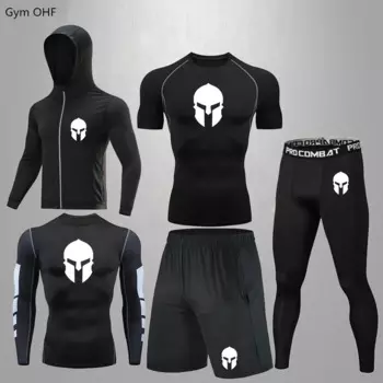 Спартанский 5 шт./комплект, мужской спортивный костюм Rashguard, трикотажные изделия для спортзала и бокса, одежда для бега, фитнеса, тренировок, Мужская Боевая одежда, комплекты футболок и брюк Bjj MMA