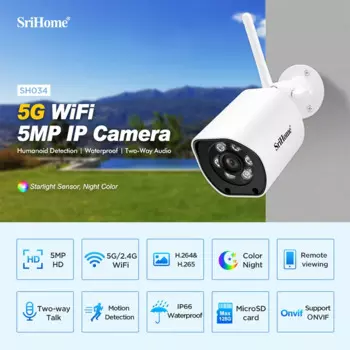 SriHome SH034 5-мегапиксельная IP-камера 2,4G + 5G Wi-Fi/PoE/Onvif Обнаружение человека Аудио-камера видеонаблюдения HDR Len Cam