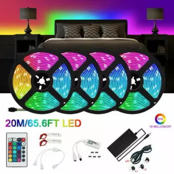 Светодиодная лента 5050 RGB 600LED s, 65 футов, 20 м, 4 рулона, 12 В постоянного тока, 10 А, питание светодиода + 24-кнопочный Wi-Fi контроллер, работает с Alexa Smart Home