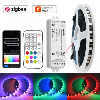 Светодиодная лента Tuya Zigbee WS2811 RGBIC, гибкая светодиодная лента 5 м 10 М 5050 Dream Color, пульт дистанционного управления 2,4 ГГц, полный комплект f Alexa Google Assistant