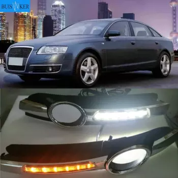 Светодиодные дневные ходовые светильник ни DRL для AUDI A6, C6, 2005, 2006, 2007, 2008, 2 шт., противотуманные фары, решетка и водонепроницаемый провод жгута