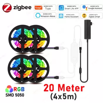 Светодиодные ленты Zigbee 3.0 20 метров для комнаты 12 В RGB Светодиодная лента Tuya Smart Life Гибкая световая лампа работает с Alexa Google Home