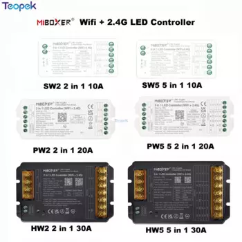 Светодиодный контроллер Miboxer WiFi + 2,4G SW2 PW2 HW2 2IN1 SW5 PW5 PW5 5IN1 12A 20A 30A Tuya APP Музыкальное голосовое управление