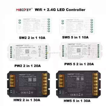 Светодиодный контроллер Miboxer WiFi + 2,4G SW2 PW2 HW2 2IN1 SW5 PW5 PW5 5IN1 12A 20A 30A Tuya APP Музыкальное голосовое управление
