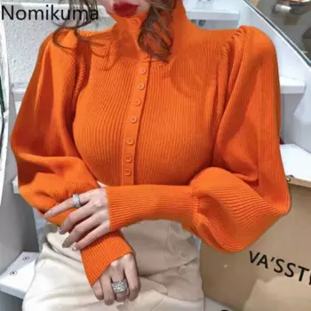 Свитер Nomikuma, пальто, корейский женский трикотажный пуловер с длинным рукавом с буфами, однобортный трикотажный пуловер с воротником-хомутом осень 2023