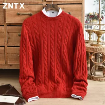 Свитер ZNTX из чистого кашемира с круглым вырезом, мужской свитер с 7 иглами, двухжильный, плотный, зимний, теплый, жаккардовый, Повседневный, однотонный, модный