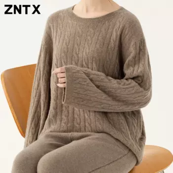 Свитер ZNTX женский свободный с круглым вырезом, однотонный теплый жаккардовый вязаный свитер из чистого кашемира, большие размеры, на осень