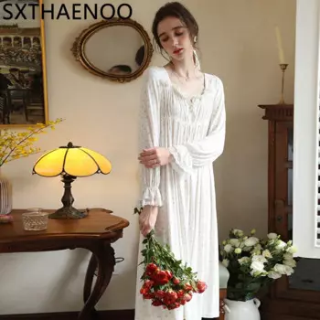 SXTHAENOO 2024 новая ночная сорочка во французском стиле с цветочным принтом женская цельная Пижама Весенняя Домашняя одежда с длинным рукавом Ночная сорочка миди