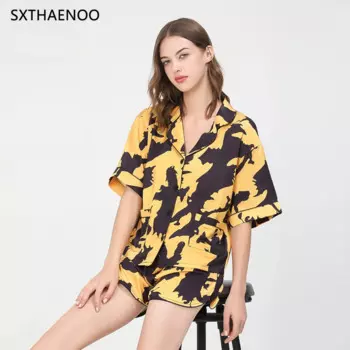 SXTHAENOO Повседневная Свободная Домашняя одежда для девочек, женские летние новые атласные шелковые пижамные комплекты, топы с коротким рукавом и шорты, винтажная пижама с принтом