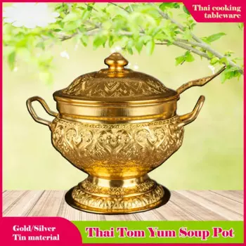 Тайский горшок для супа Tom Yum, жестяная сковорода с высокими ножками, контейнер для супа, десерта с ложкой, украшение для дома, тайская посуда для кухни