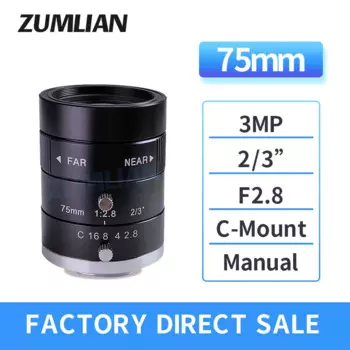 Телеобъектив ZUMLIAN 75 мм 3MP C Mount 2/3 дюймовый объектив с низким искажением F2.8 ручная Ирис машина видения 4K промышленная камера