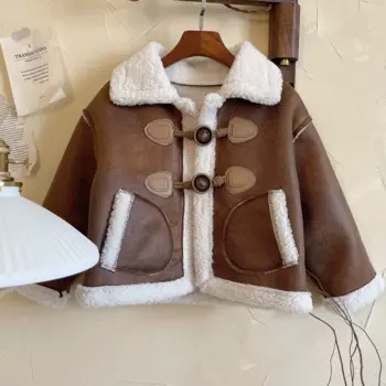 Теплая куртка из искусственной кожи для девочек и мальчиков, зимняя плотная бархатная куртка, верхняя одежда для улицы, 2024