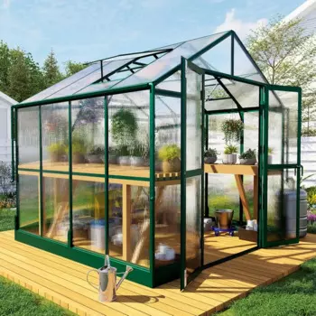 Теплицы для улицы 8x8x7,5 футов, теплица из поликарбоната с 2 вентиляционными отверстиями, Запираемая качающаяся дверь, дождевик, теплица для прогулок