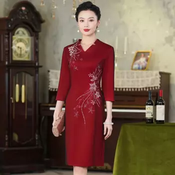 Традиционное китайское платье-Ципао Yourqipao с рукавами средней длины для матери невесты, весна-осень 2024