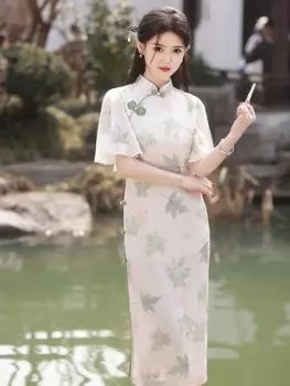 Традиционное китайское Повседневное платье Qipao, элегантное женское платье с разрезом, женское платье-Ципао с летящим рукавом