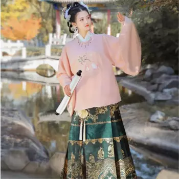 Традиционный повседневный костюм Hanfu с вышивкой в китайском стиле и воротником-стойкой