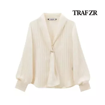 TRAF ZR полосатые блузки для женщин, рубашка с длинным рукавом, осенняя женская рубашка, винтажная блузка с v-образным вырезом, элегантные женские роскошные блузки