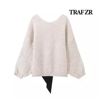 TRAF ZR пуловеры с бантом Harajuku, винтажные уютные свитера, женский осенний свитер, однотонный вязаный пуловер с круглым вырезом, пуловеры с длинными рукавами