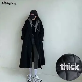 Тренч женский более толстый в корейском стиле универсальный зимний теплый повседневный модный ветровка с длинным рукавом в стиле пэчворк Abrigo Mujer с капюшоном