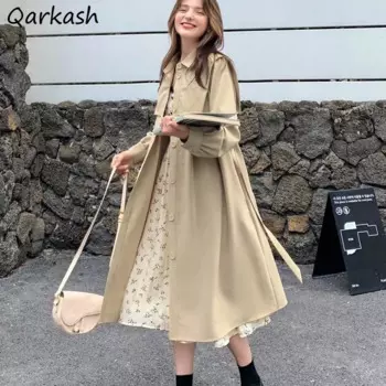 Тренч женский однобортный длинный прямой офисный женский пояс тонкий элегантный пальто весенний стильный свободный уличный шик для отдыха